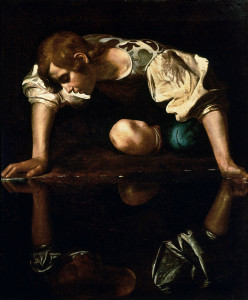 "Narcissus" by Caravaggio (circa 1597–1599) depicts Narcissus gazing at his own reflection.