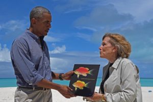  Dr. Sylvia Earle, National Geographic Explorer-in-Residence, presents President Obama with a picture of the fish that was named after him. Photograph by Brian Skerry, National Geographic